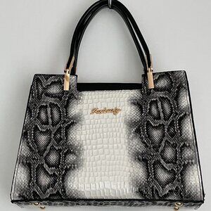 NWOT Snakeskin PU Leather Double Handle Satchel with Crossbody Strap Bla…